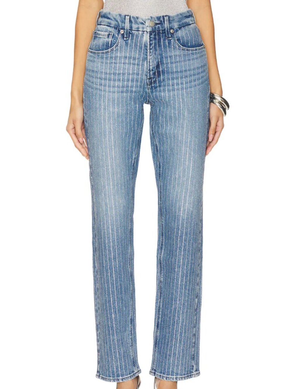 NWT Good American Good icon Rhinestone Pinestripe Jeans
